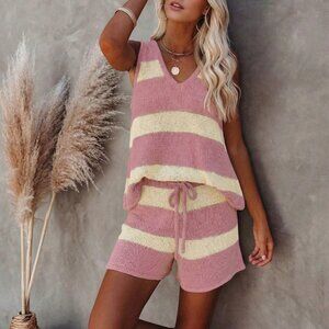 Pink Casual Women's V-Neck Striped Tank Top and shorts coord Set